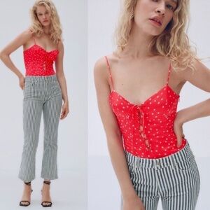 Zara Red Stars Print Lace Up Satin Bodysuit Size Small